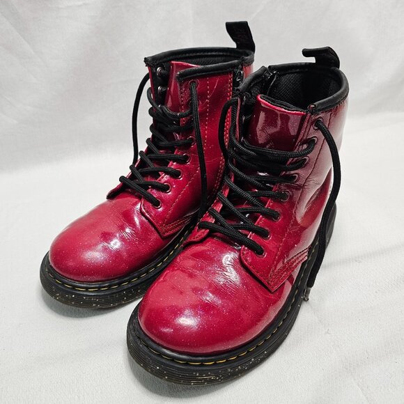 Dr Doc Martens Red Cosmic Glitter 1460 J Combat Boots Youth Kids Girls Size US 2 - Picture 1 of 12